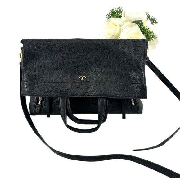 RARE TORY BURCH Half Moon Convertible Crossbody Bag Black Pebbled Leather Purse